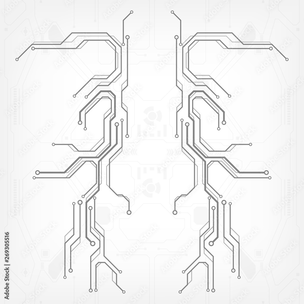 Aufkleber Circuit board grayscale tone futuristic digital technology communication system background template vector design. HUD element technology control panel texture illustration.