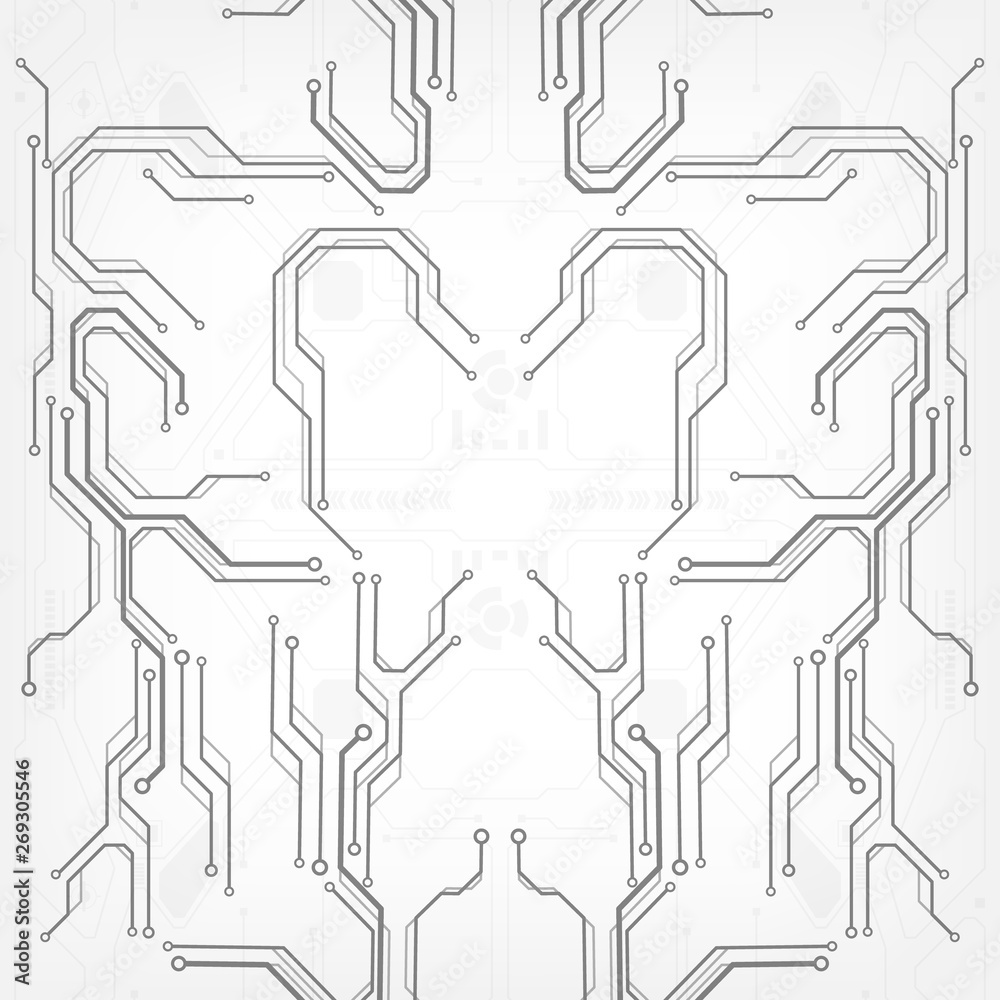Aufkleber Circuit board grayscale tone futuristic digital technology communication system background template vector design. HUD element technology control panel texture illustration.