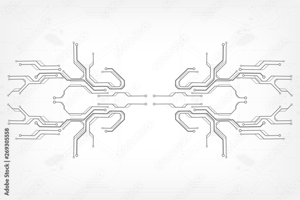 Aufkleber Circuit board grayscale tone futuristic digital technology communication system background template vector design. HUD element technology control panel texture illustration.