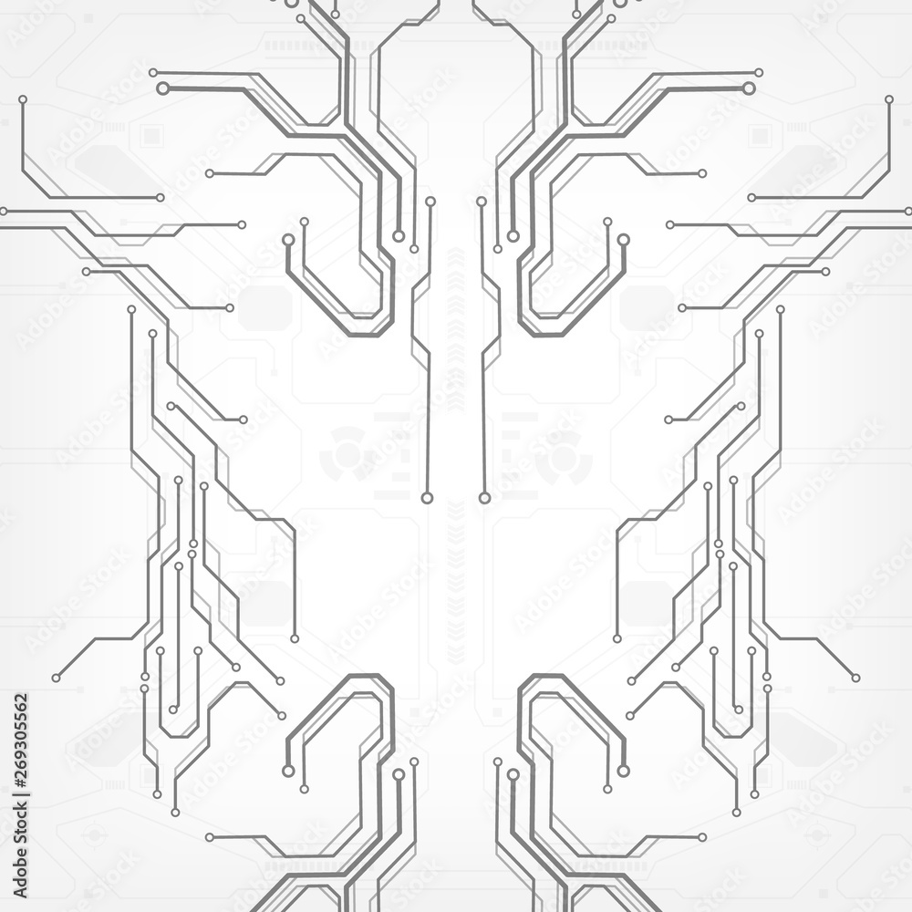Aufkleber Circuit board grayscale tone futuristic digital technology communication system background template vector design. HUD element technology control panel texture illustration.