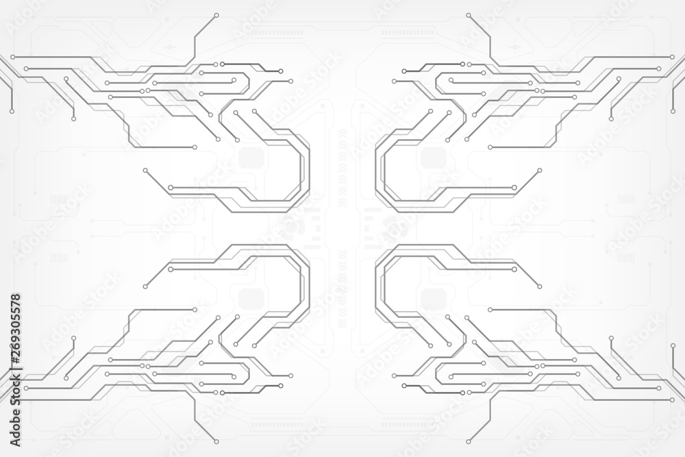 Poster Circuit board grayscale tone futuristic digital technology communication system background template vector design. HUD element technology control panel texture illustration.