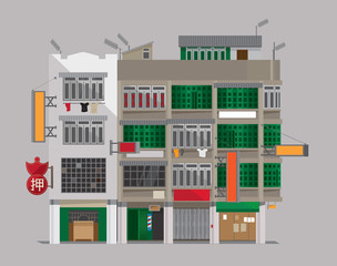 Vector illustration of an old building of Hong Kong-styled Tenement Houses (Shophouses).