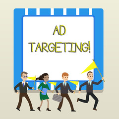 Word writing text Ad Targeting. Business photo showcasing target the most receptive audiences with certain traits People Crowd Flags Pennants Headed by Leader Running Demonstration Meeting