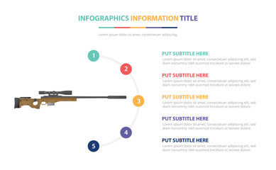 sniper riffle infographic template concept with five points list and various color with clean modern white background - vector