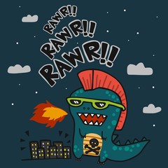 Punk Godzilla attacking city cartoon vector illustration