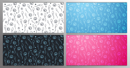 Set of Medical and healthcare backgrounds with moving spermatozoons and female egg. Hand draw sketch background.