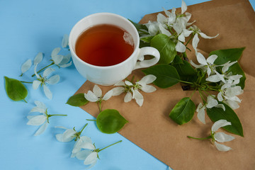 tea cup composition, envelope, apple blossom branch
