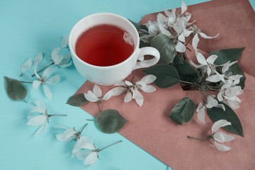 tea cup composition, envelope, apple blossom branch