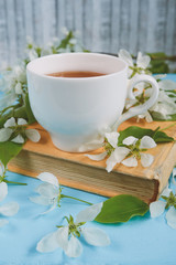 tea cup composition, book, apple blossom branch