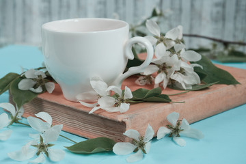 tea cup composition, book, apple blossom branch
