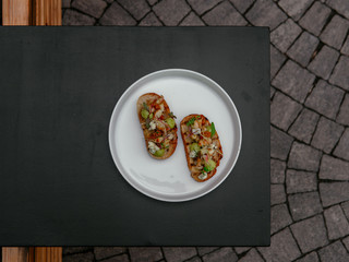 Delicious bruschetta with a variety of fillings.