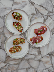 Delicious bruschetta with a variety of fillings.