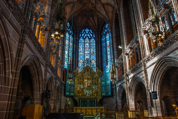 the ornate stained glass over the altar at Liverpool Anglican Cathedral.