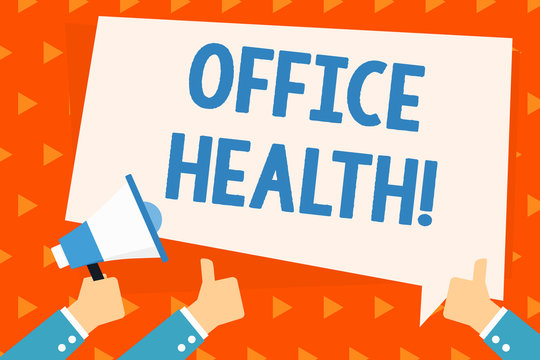 Word writing text Office Health. Business photo showcasing improves the overall physical and mental state of employees Hand Holding Megaphone and Other Two Gesturing Thumbs Up with Text Balloon