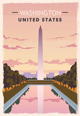 Washington monument retro poster. USA Washington travel illustration.