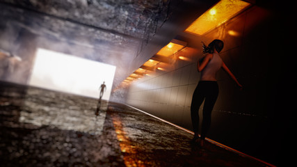 concept art of fantasy woman approaching to a surreal man in subway with lights