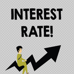 Conceptual hand writing showing Interest Rate. Concept meaning percentage of principal charged by the lender to borrower Businessman with Eyeglasses Riding Crooked Arrow Pointing Up