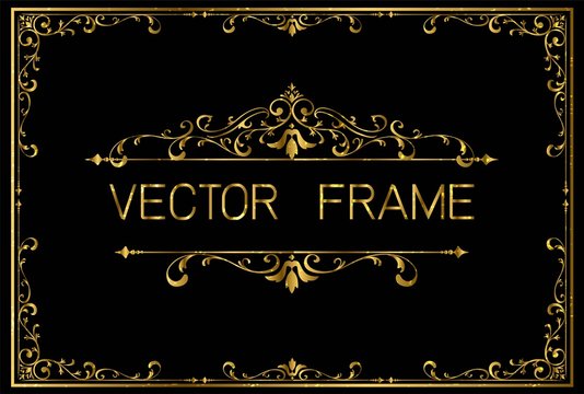 Gold photo frame with Thai style border, line corners. Decoration wood style vector design pattern floral for picture frame