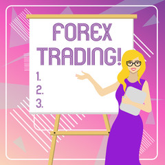 Text sign showing Forex Trading. Business photo showcasing exchange of currencies between two or more countries White Female in Glasses Standing by Blank Whiteboard on Stand Presentation
