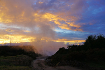 Geothermal fumes at sunset in the Lake Taupo area in New Zealand