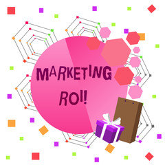 Conceptual hand writing showing Marketing Roi. Concept meaning the contribution to profit attributable to marketing Greeting Card Poster Gift Package Box Decorated by Bowknot