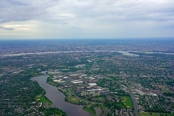 Aerial view of the skyline of the city of Philadelphia and the surrounding areas in Pennsylvania, United States