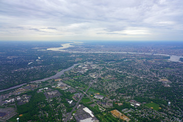 Fototapeta na wymiar Aerial view of the skyline of the city of Philadelphia and the surrounding areas in Pennsylvania, United States