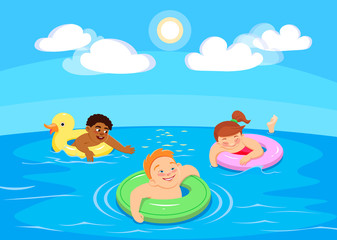 Obraz na płótnie Canvas cartoon children characters swim in the sea. Vector