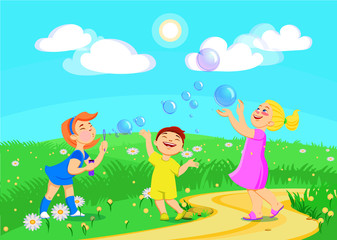 Obraz na płótnie Canvas cartoon children characters play in the park, summer vacation