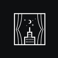 Windows with moon stars and buildings logo design line art illustration