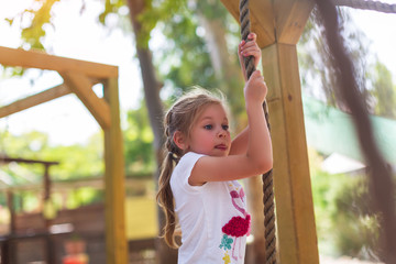 Child in forest adventure park. Kids climb on high rope trail