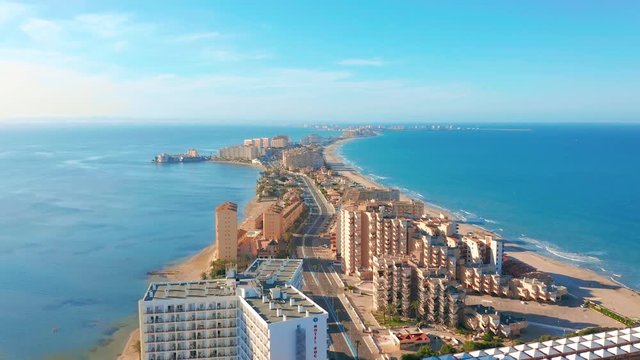 Aerial view. Panoramic view La Manga del Mar Menor, Cartagena, Murcia, Spain.