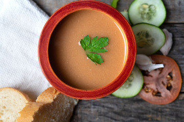 Spanish tomato gazpacho soup with garlic, bread and green pepper