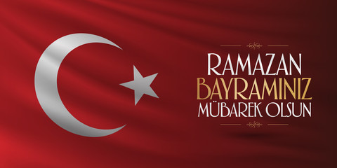 Eid al-Fitr Mubarak Islamic Feast Greetings (Turkish: Ramazan Bayraminiz Mubarek Olsun) Holy month of muslim community Ramazan. Billboard, Poster, Social Media, Greeting Card template. 