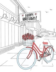 Hand drawn birthday card - ink sketch of houses and a red bicycle with birthday flowers, plus a sign saying 