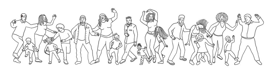 Hand drawn group of diverse people, children and adults, dancing happily together