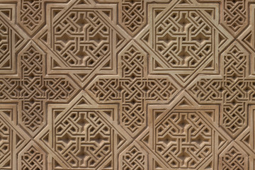 mosaic of clay tiles on a medieval mausoleum in the city of Taraz. Geometric pattern. Eight-pointed star, Muslim symbols in architecture.