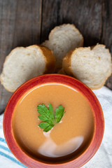 Spanish tomato gazpacho soup with garlic, bread and green pepper