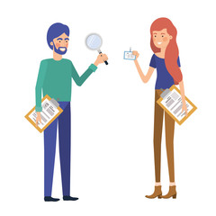 couple with office objects in white background