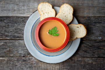 Spanish tomato gazpacho soup with garlic, bread and green pepper