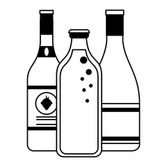 Wine and champagne bottle with juice jar in black and white