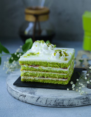 green pistachio cake with butter cream, dessert