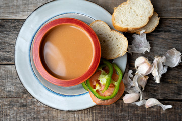 Spanish tomato gazpacho soup with garlic, bread and green pepper