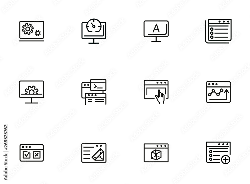 Poster web technology line icon set. information, browser, connection. programming concept. can be used for
