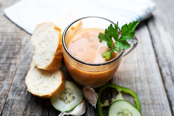 Spanish tomato gazpacho soup with garlic, bread and green pepper