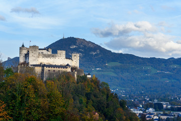 Fototapeta na wymiar Hohensalzburg Fortress on small hill. Salzburg. Austria