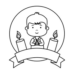 little boy with ribbon and candles first communion