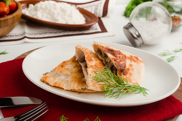Traditional Caucasian cheburek with meat and dill. Menu for cafe in warm colors.