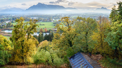 View on Salzburg and mountain Untersberg from mountain Monchsberg. Austria