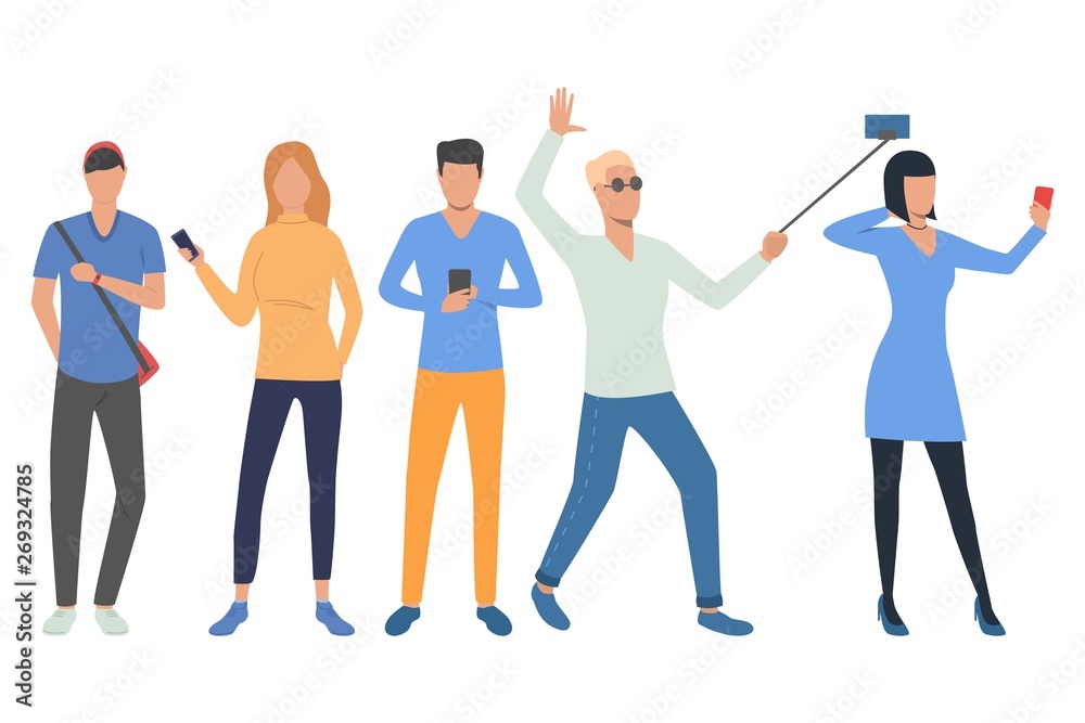 Wall mural Set of smartphone users. Young men and women using mobile phones or taking selfies. People concept. Vector illustration can be used for topics like communication or social media content